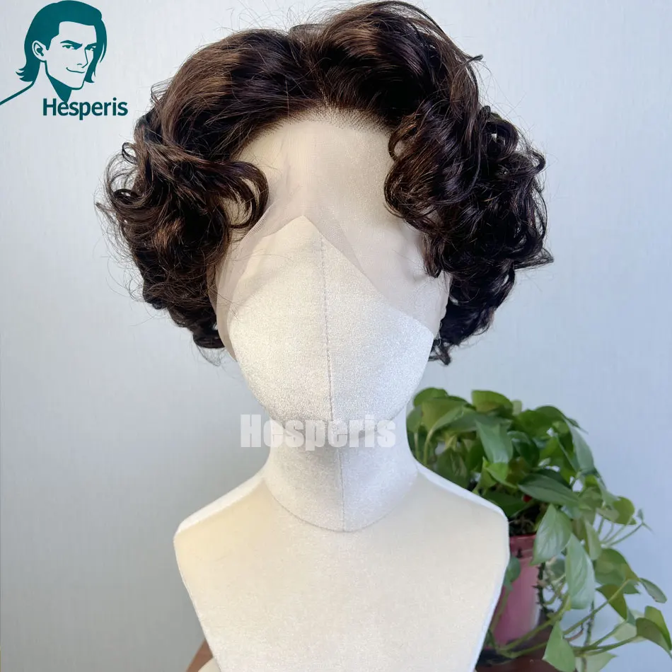 ヘスペリス男性用人毛ブラウンウィッグプレスタイルカーリーフルレースウィッグ男性用ハンサムコスプレ人毛ウィッグ接着剤不要ブラウンヘア