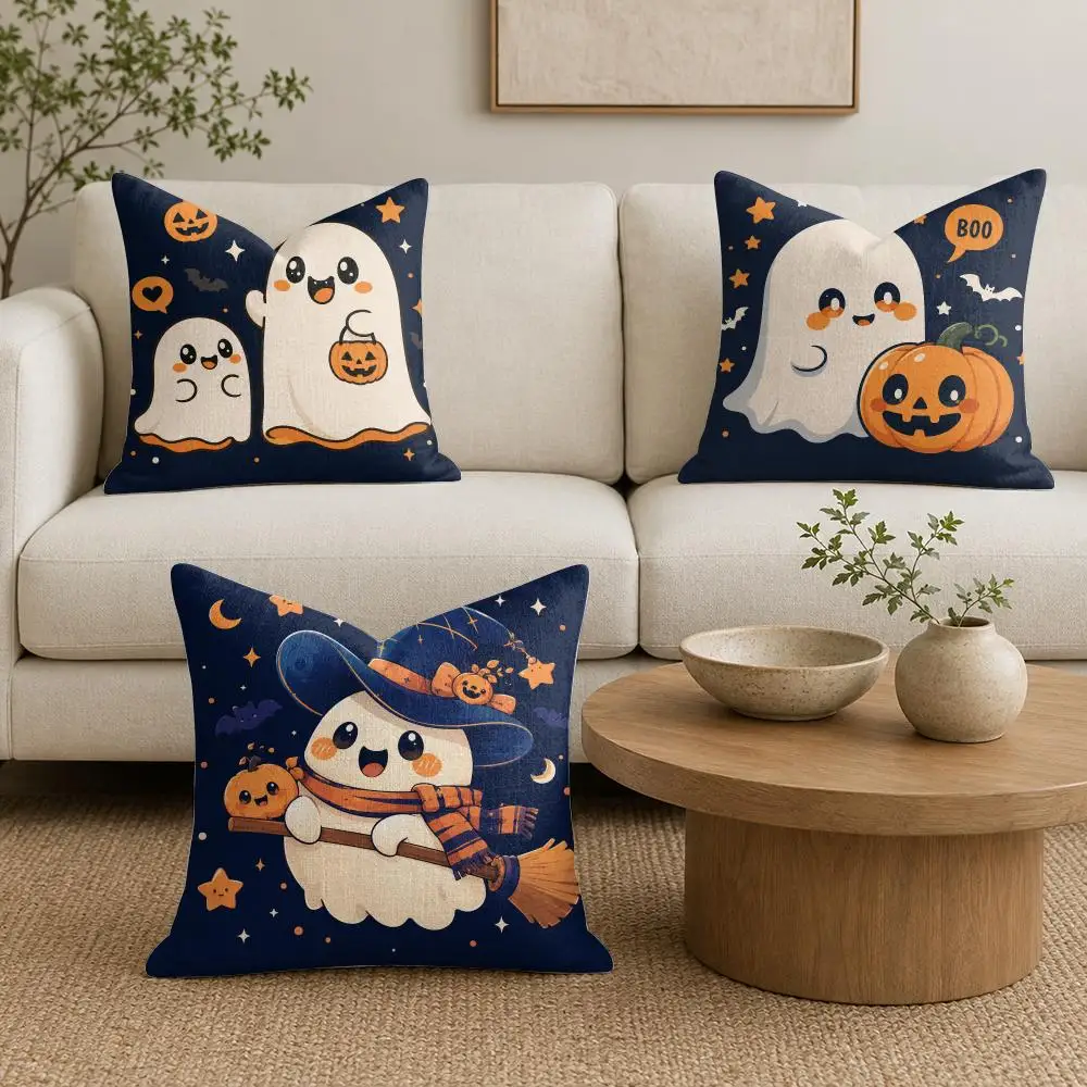 Cute Halloween Spirit Cushion Cover Organic Linen Throw Pillow Cover - Double-Sided Print Breathable Cushion Case Home Decor