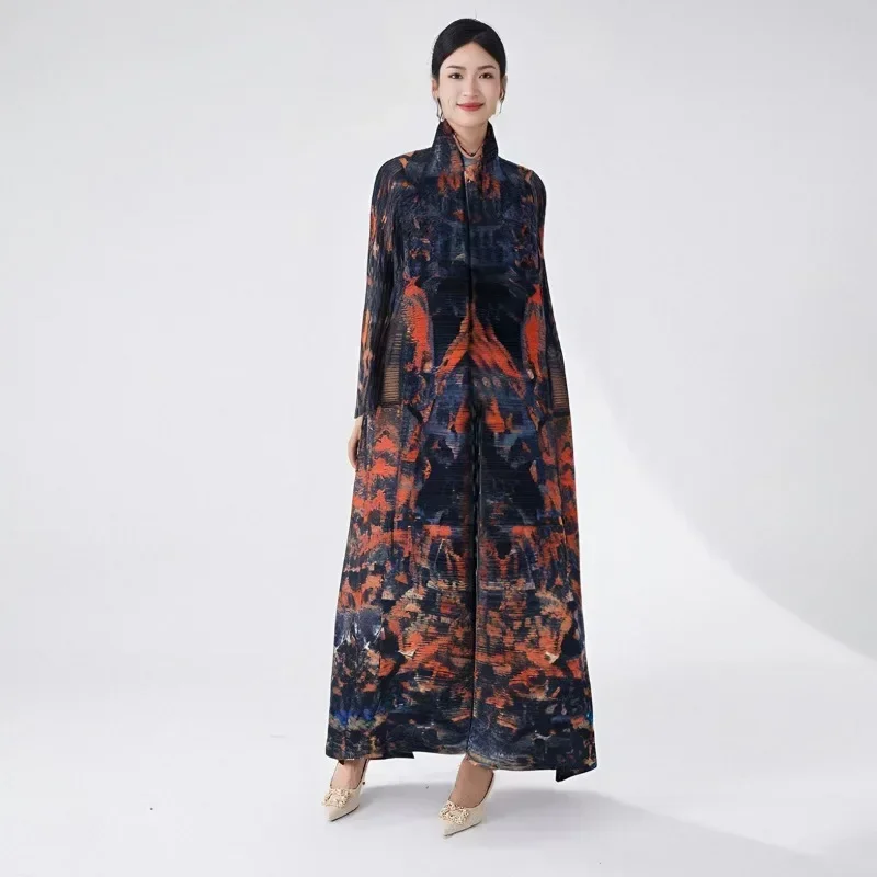 Miyake Pleated High-end Retro Printed Lace-up Windbreaker Jacket Middle Eastern New Large Size Loose Middle Eastern Robe Dress