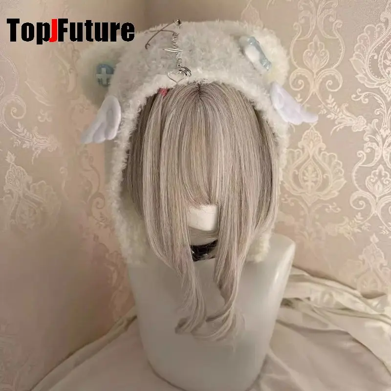 Women's Harajuku Steampunk Y2K Gothic Japanese Soft Girl Dilei Series  Little Angel Wings Bear ear knitted hat wing  bone