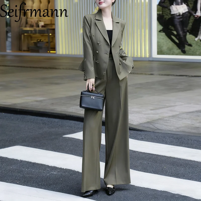 Seifrmann Women's Elegant Commuter Solid Suit Autumn Beaded Notched Long Sleeveds Tops+Straight through pants 2-piece set