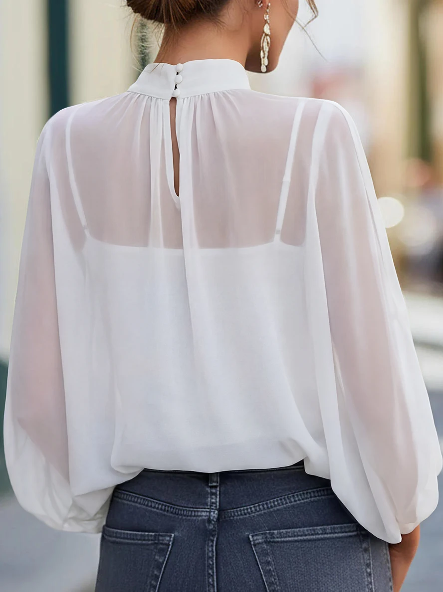 Single-Piece Women's Summer Clothing, Solid Color Chiffon, Sheer, Elegant, Fashionable, Small Stand-Up Collar, Cape Sleeve Shirt, Summer Top, Blouse, Evening Date, Holiday, Vacation, Office, Home, Daily Wear, Summer