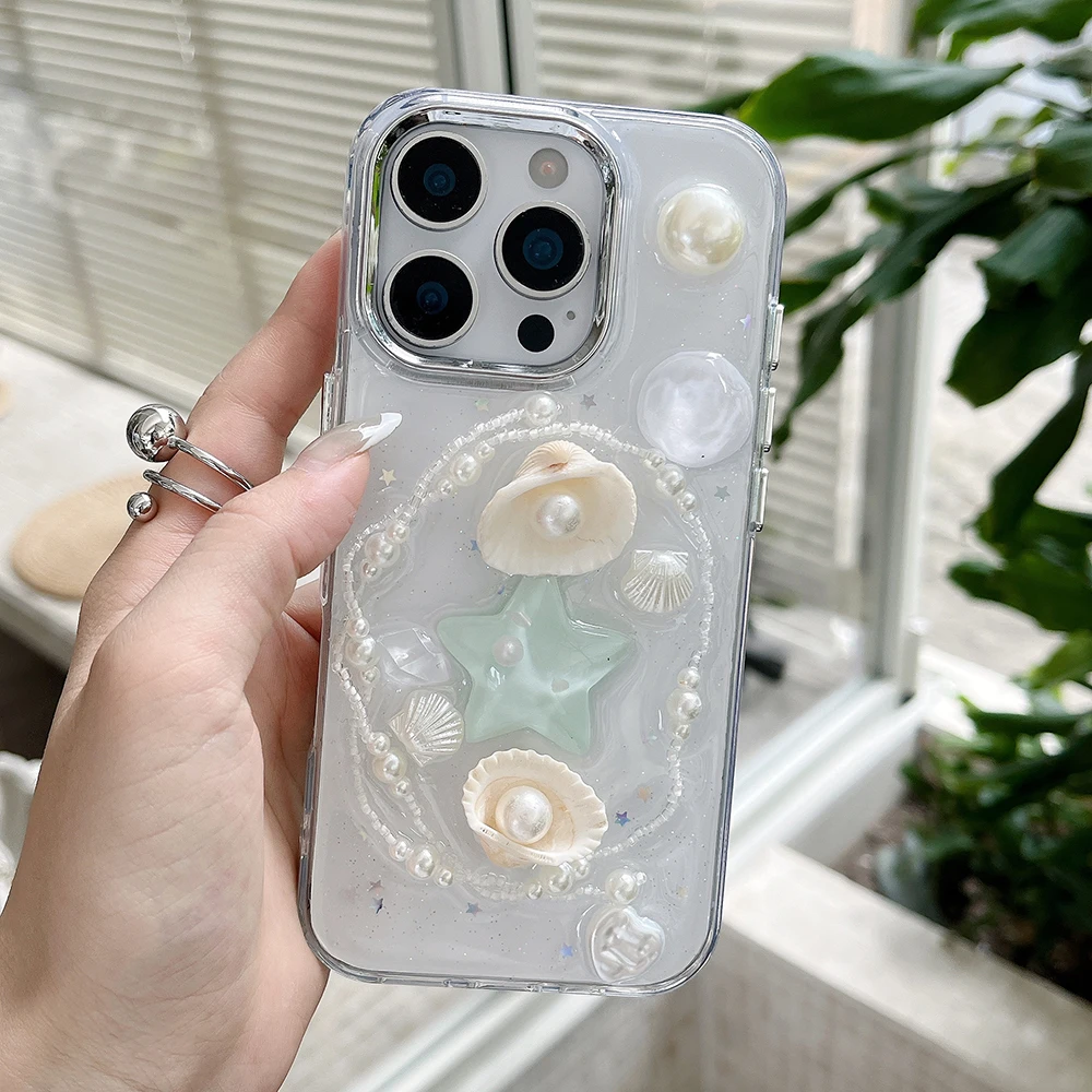 Niedliche 3D-Handyhülle mit Seestern, Schleife und Muschel für iPhone 18 17 16 15 14 13 12 11 Pro Max, glitzernde Pailletten, stoßfeste weiche Silikonhülle – Detail 5