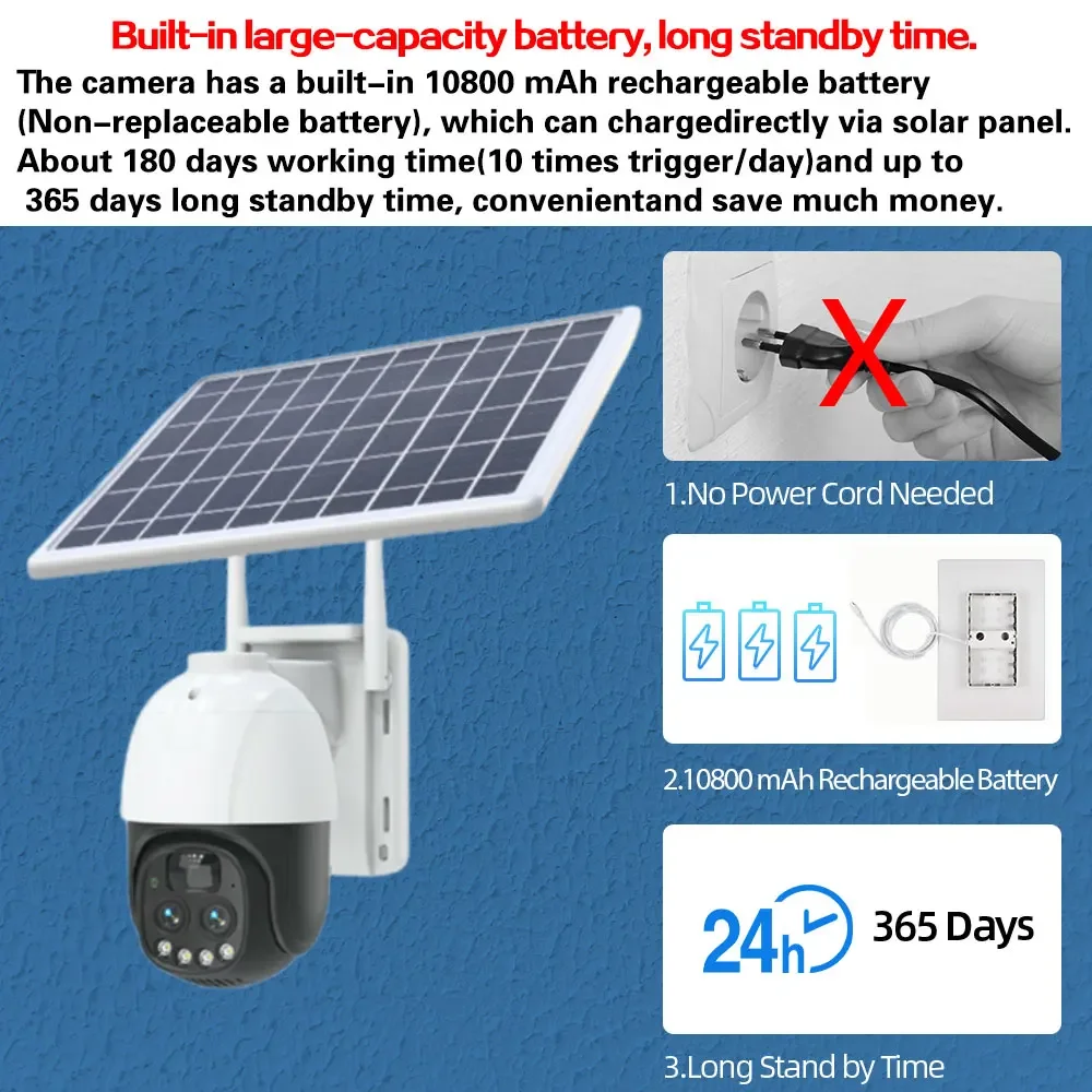 10X Zoom WiFi PTZ Solar Camera 4K Outdoor PIR Detetion Wireless CCTV Video Surveillance Camera Built-in Rechargeable Battery 8MP