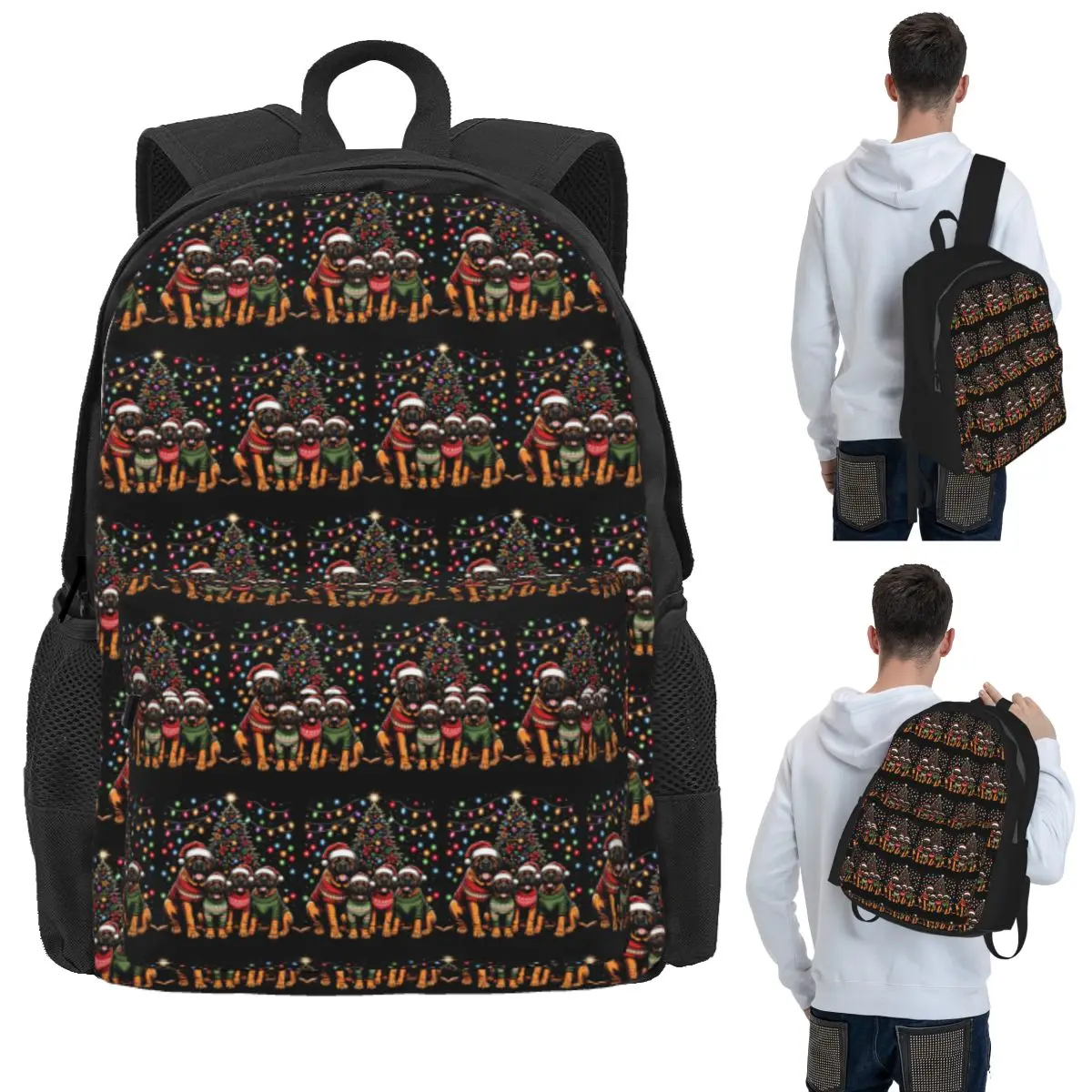 Mastiff Dog Family Light Christmas Tree Student Backpack School Bag Hiking Travel Daypack for Men Women Bookbag Shoulder Bags