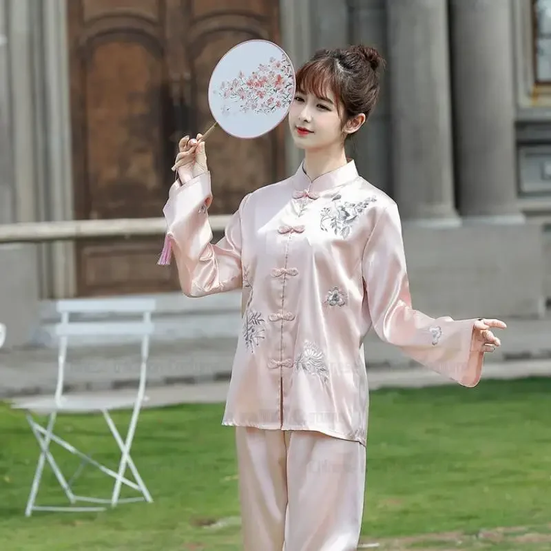 

Women's Tang Clothes Embroider Flower Tai Chi Set Satin Costume Lady Tradition Mandarin Collar Top&pants Kung Fu Jacket Hanfu