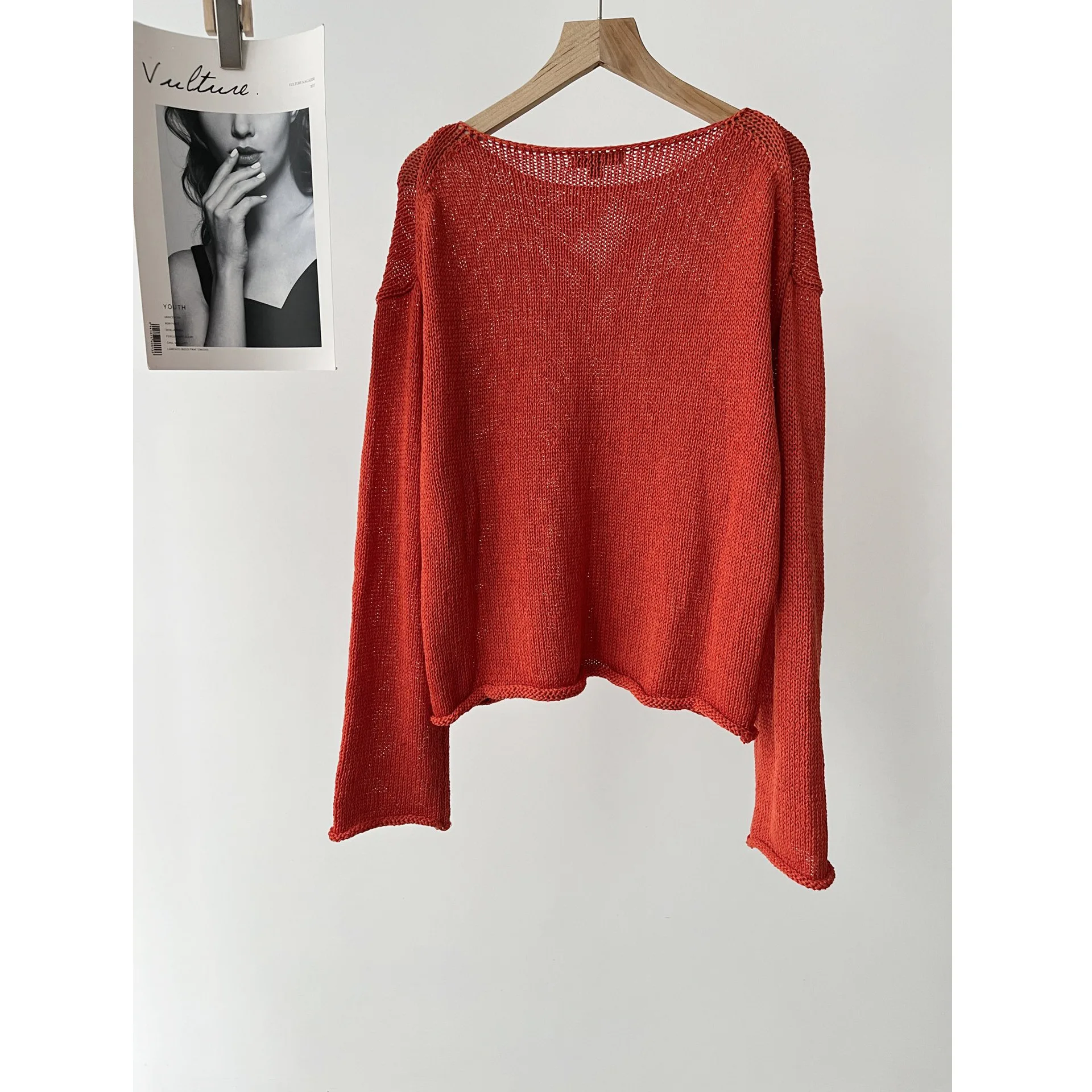 Women's clothing red casual lazy wind slack light boat collar long sleeve knitted sweater top 16A