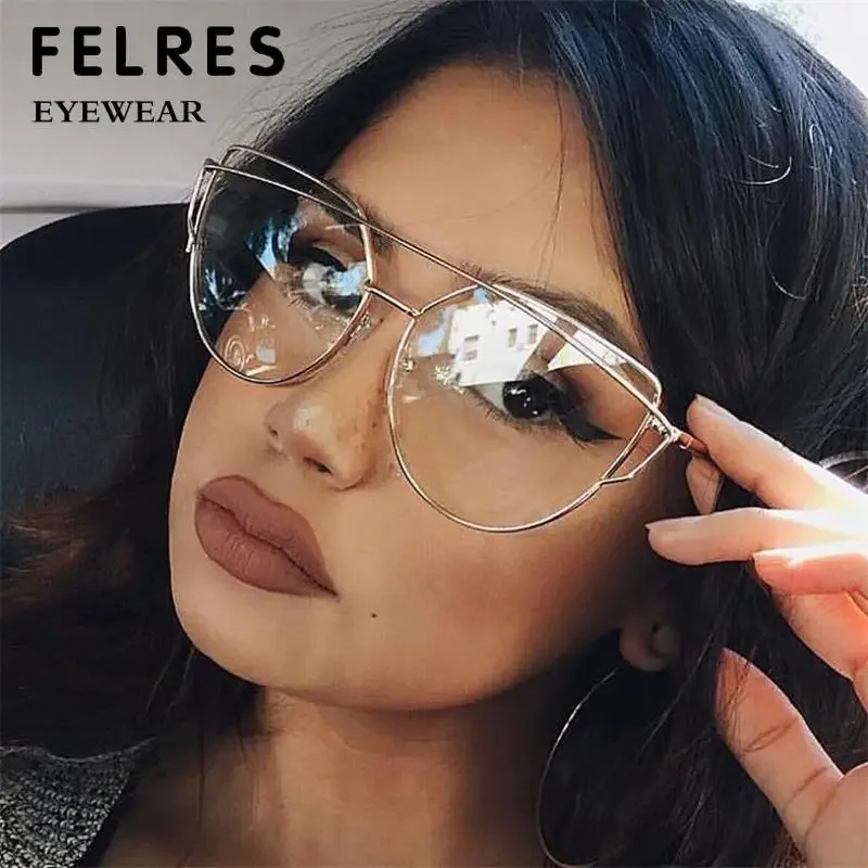 Fashion New Metal Cat Eye Frame Myopia Eyeglasses Women Clear Lens Personality Female Anti Blue Light Prescription Glasses