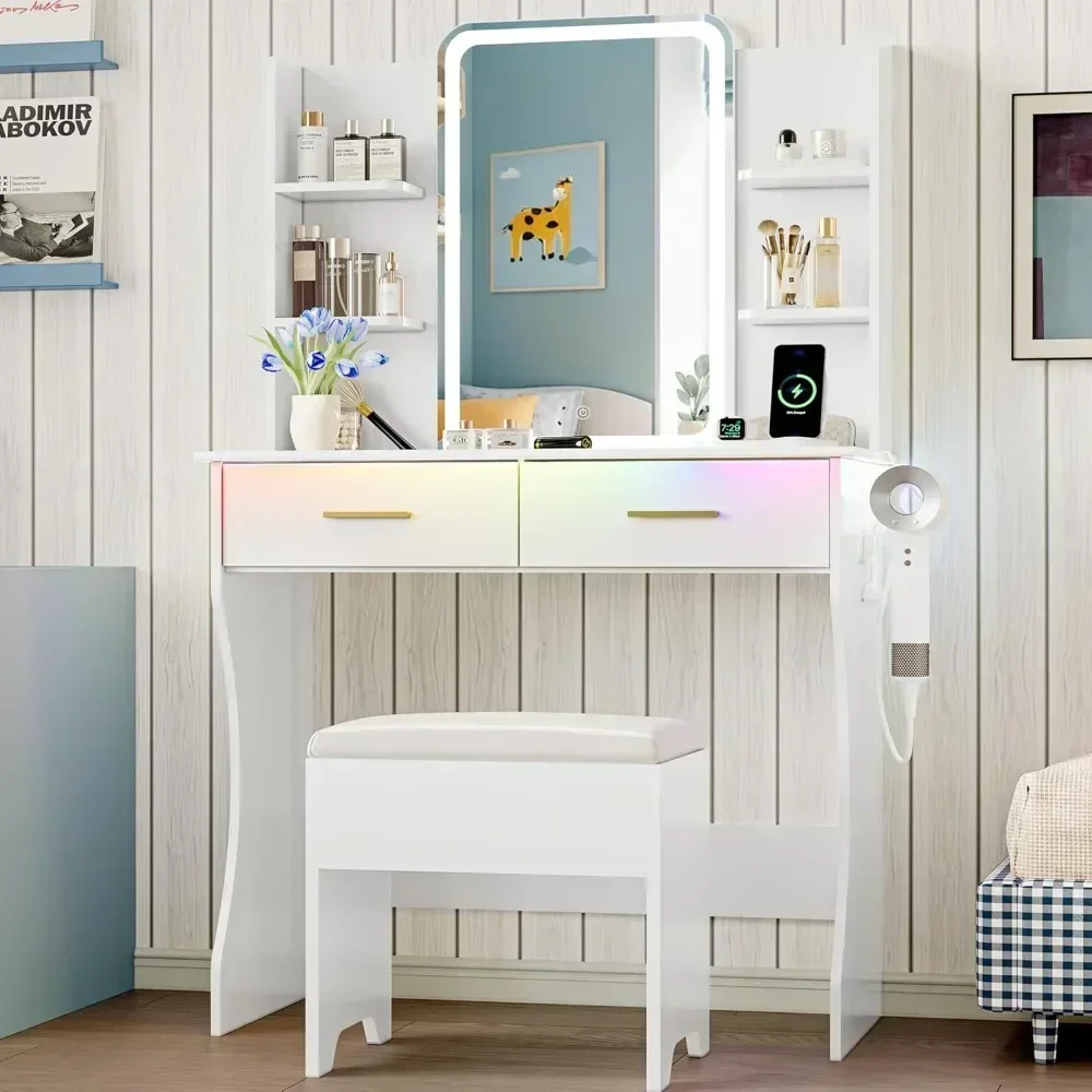 

illuminated vanity desk with mirror and outlet, compact makeup table set with storage and stool, 3-mode lighting