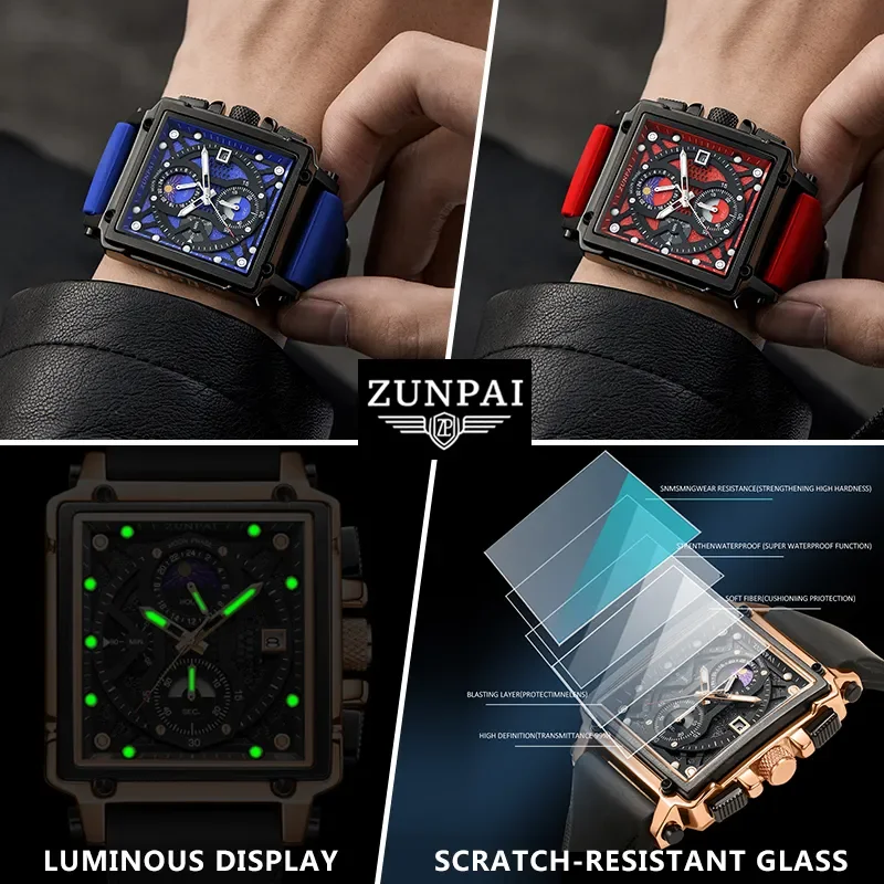 ZUNPAI Original Watch for Men\'s Waterproof Stainless Steel Leather Strap Quartz Fashion Sports Chronograph Square Wristwatches