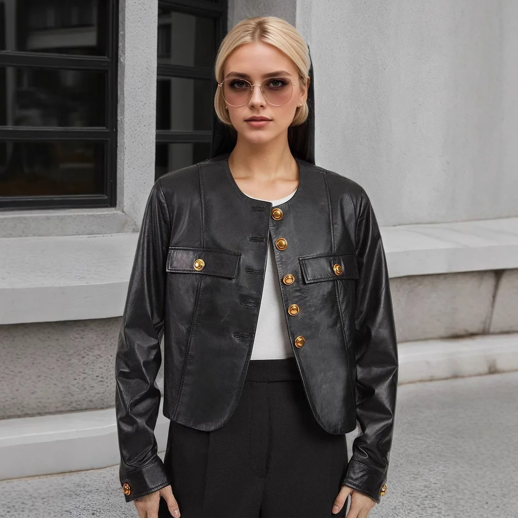 

2025 Autumn New Round Neck Metal Buckle Black Gold Color Scheme New Women's Long Sleeved Short Pu Leather Jacket