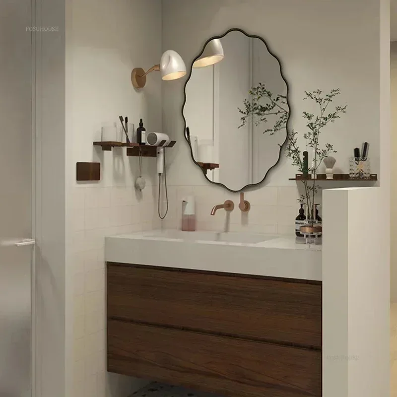 

French Irregular Bathroom Mirrors for Bedroom Minimalist Wooden Frame Mirrors for Homestay Wall Decoration with LED Light Mirror