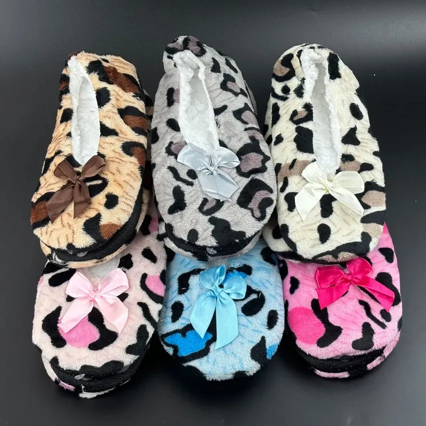 Winter Warm Slipper Women Bow Knot Leopard Fur Plush Anti Skid Grip Cute Funny Indoor Home House Fluffy Female Floor Shoes