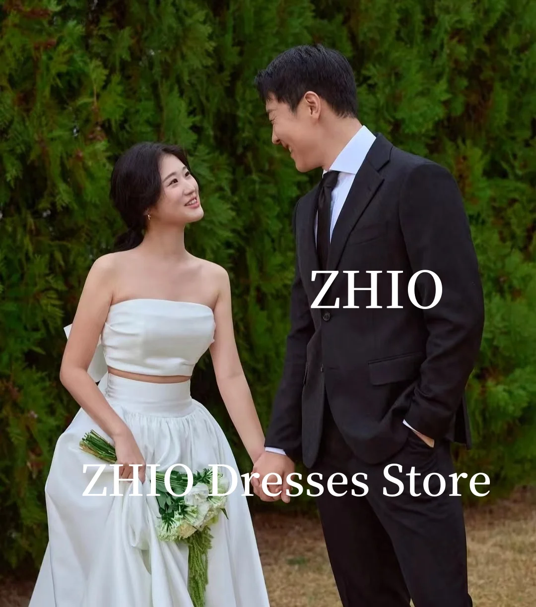 ZHIO Elegant 2PCS Wedding Dress Corset Bow Floor Length Sleeveless Strapless Bridal Gown Korea Photo Shoot Customized Simple