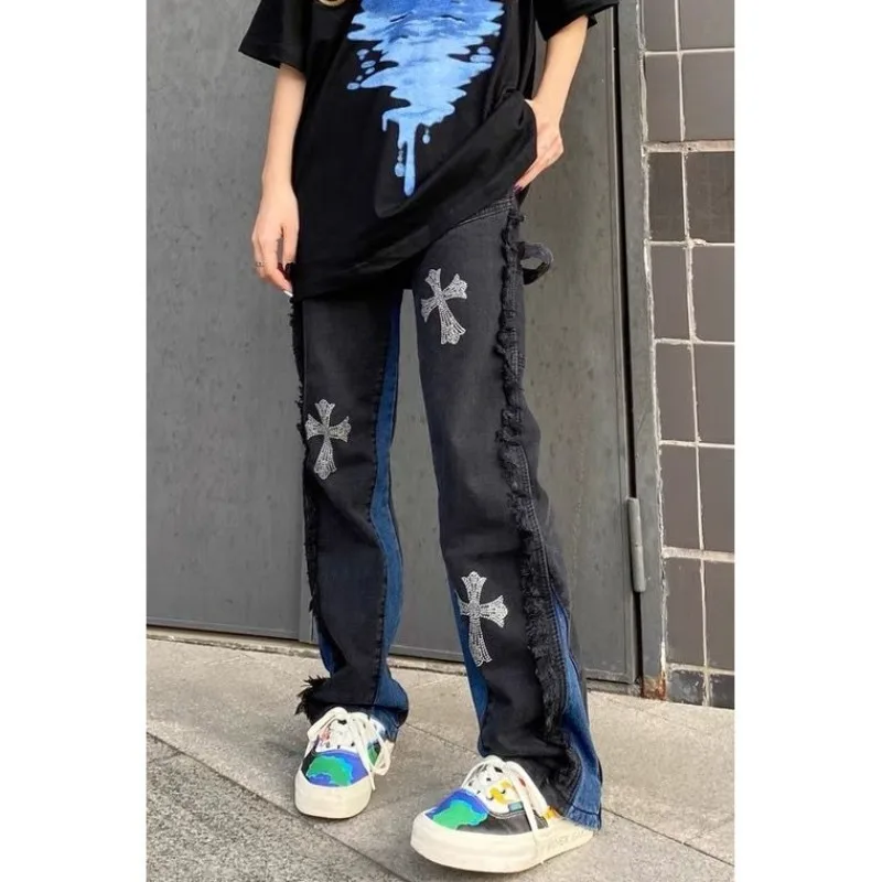 

High Street Rhinestone Cross Jeans Woman, Vintage Straight Leg Denim Pants Vibe Stitching Contrast Color Damaged Burrs Trousers