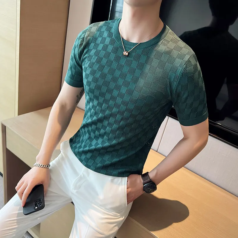 Mens High Elasticity Transparent Mesh Knitted T-shirts 2022 Summer Short Sleeve O-Neck Hollow T Shirt Male Casual Plaid Tee Tops