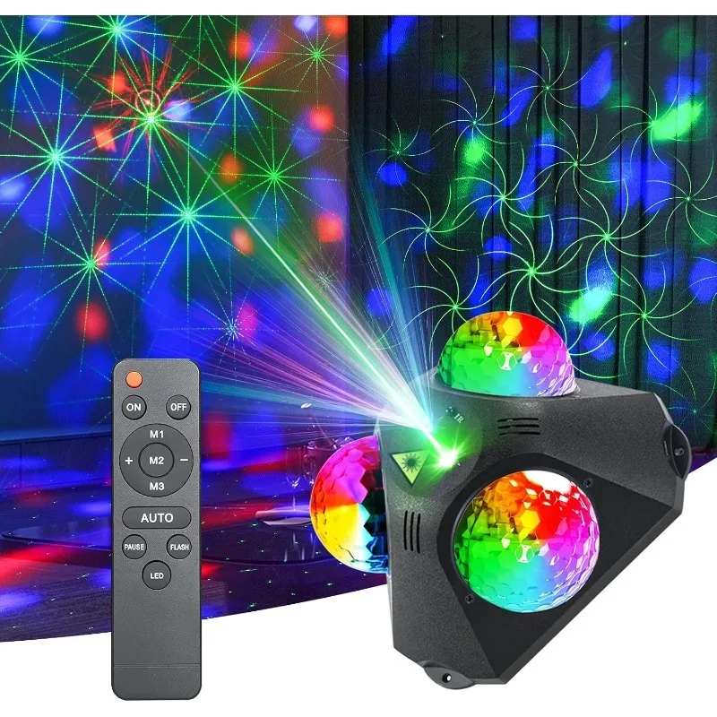 

4 in-1 Disco Party Lights - RGB 3 Magic DJ Disco Ball, LED Sound Activated Laser Lights Projector with Remote for Home, Dance