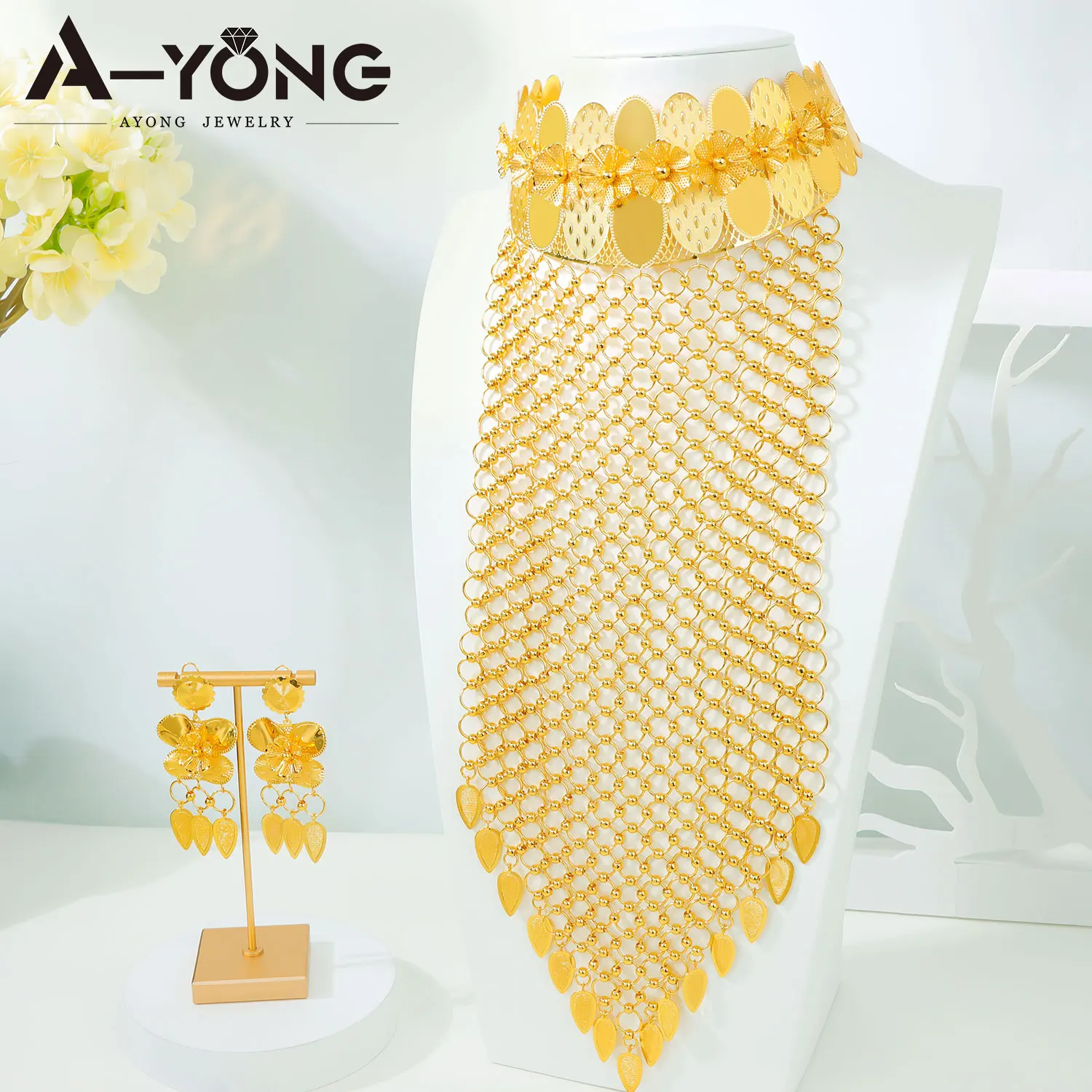 Afrikanisches Verziertes Schmuckset für Frauen 24k Dubai Goldfarben Luxus-Halskette Ohrringe Algerien Damen Braut Hochzeitsschmuck – Detail 3