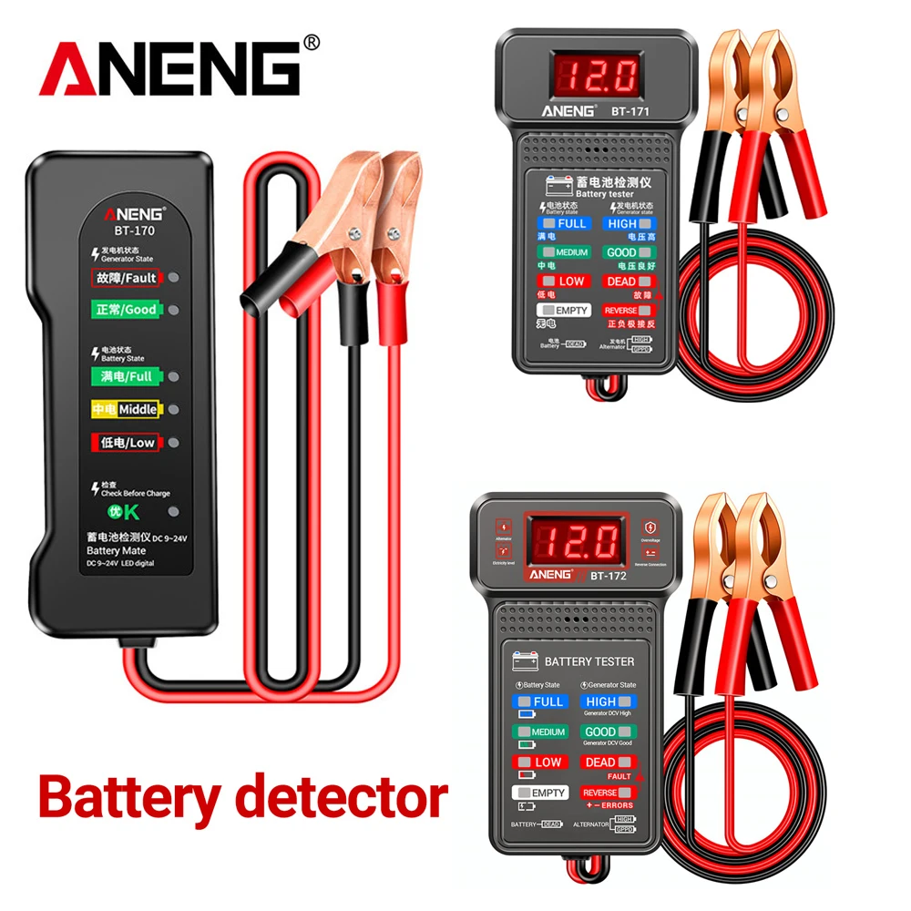 Auto-Batterietester, Clip-on-Testdesign, LED-Lichtanzeige, akustische Warnung, Erkennung von Batterie- und Lichtmaschinenfehlern für die Fahrzeugwartung