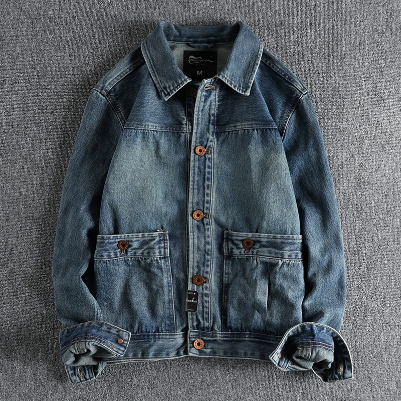 Heavy vintage do old Khaki motorcycle denim jacket men\'s cargo pocket trend all-match youth coat