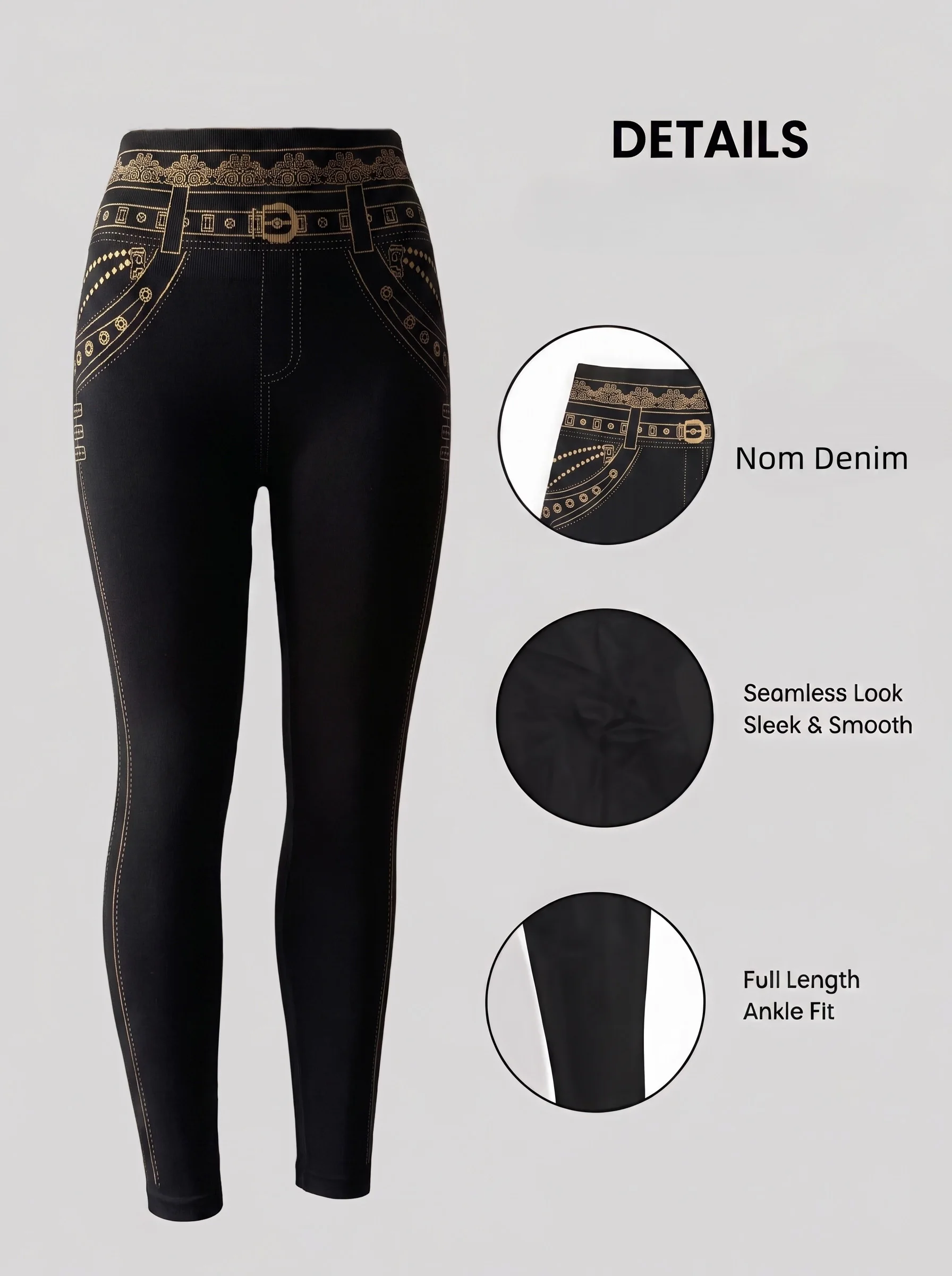 Schwarze Faux-Denim-Knöchelleggings mit goldenem Aufdruck, weiche, atmungsaktive, ganzjährig tragbare Stretchhose für Fitness, Alltag und Pendeln – Detail 2