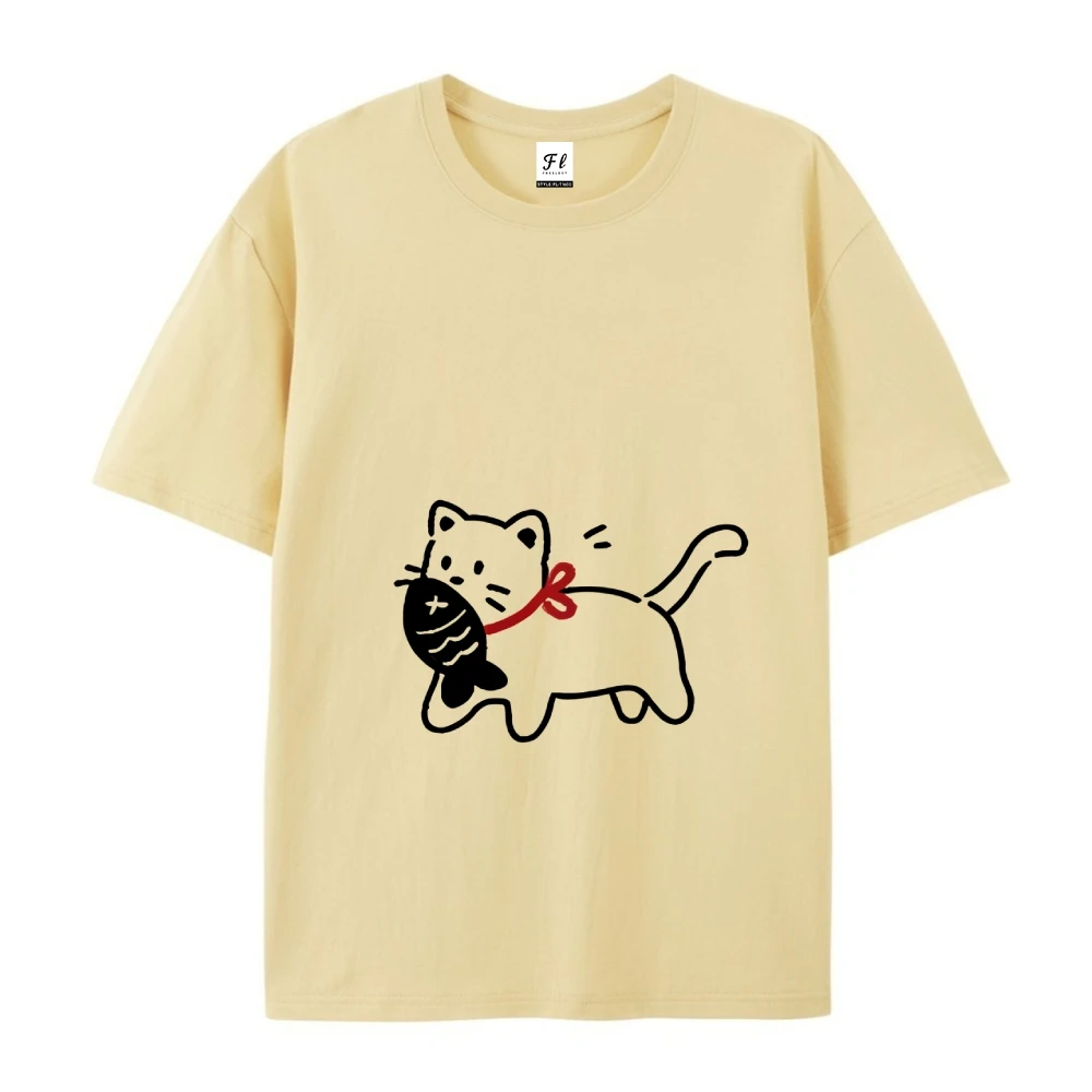 Camiseta con estampado de gato y pez Harajuku, camisetas gráficas de verano, ropa de algodón suave de manga corta con cuello redondo Y2k 2000
