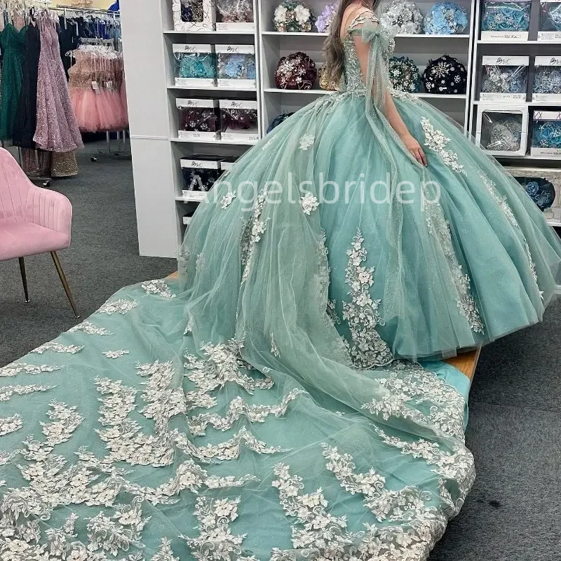 فستان الأميرة Quinceanera الأزرق اللامع Angelsbride-Aqua ، ثوب الكرة مع الرأس ، مطرز حلو ، 16 فستان ، فتيات بعمر 15 سنة