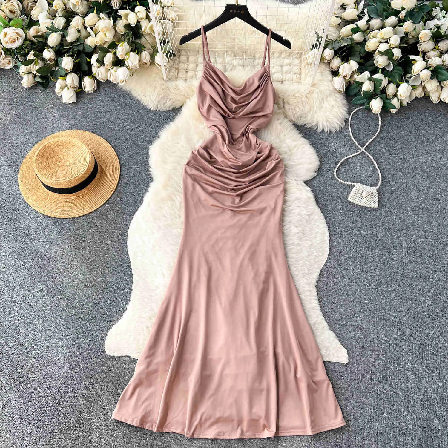 

Women Sexy Summer Swinging Neck Spaghetti Strap Dress Solid Sleeveless Backless Slim Pleated Mermaid Vacation Party Maxi Dress