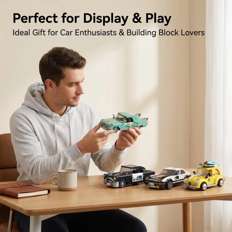 Retro Style Vehicle Building Blocks Set, 4pcs Different Classic Car Models, Adult High-Difficulty Assembly Toy for Home Decor