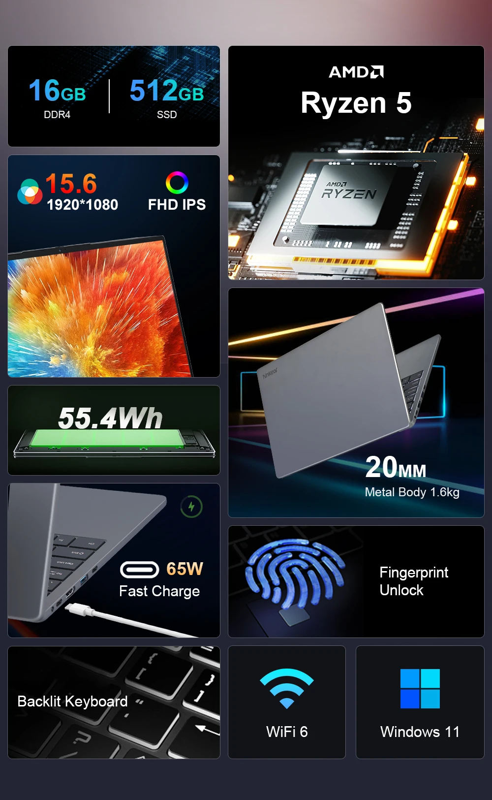 Ninkear A15 15.6 Inch FHD IPS Notebook 16GB DDR4 512GB SSD AMD Ryzen 5 5500U Laptop for Office Study WiFi 6 Backlit Keyboard Fingerprint Reader 55.4Wh Battery 65W USB-C PD Charging HDMI Portable Computer for Home and Travel