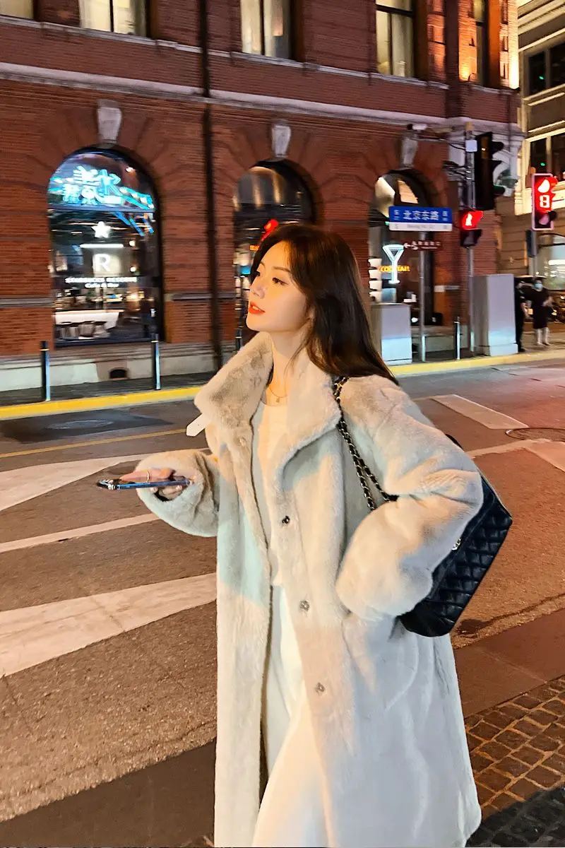 Abrigo de Piel Sintética Blanca para Mujer, Abrigo de Lana a Rayas, Chaleco de Mujer, Poncho de Franela de Longitud Media, Estilo Urbano Casual-Chic