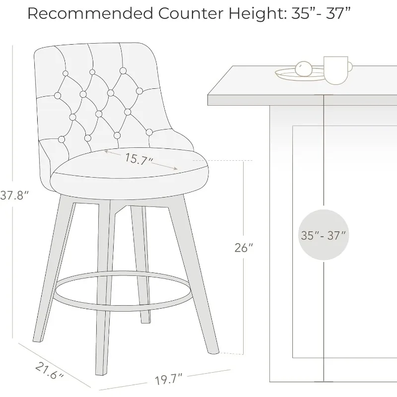 Counter Height Bar Stools Set of 3, Performance Fabric Upholstered Modern Swivel Barstool with Back, Solid Wood Legs, 26