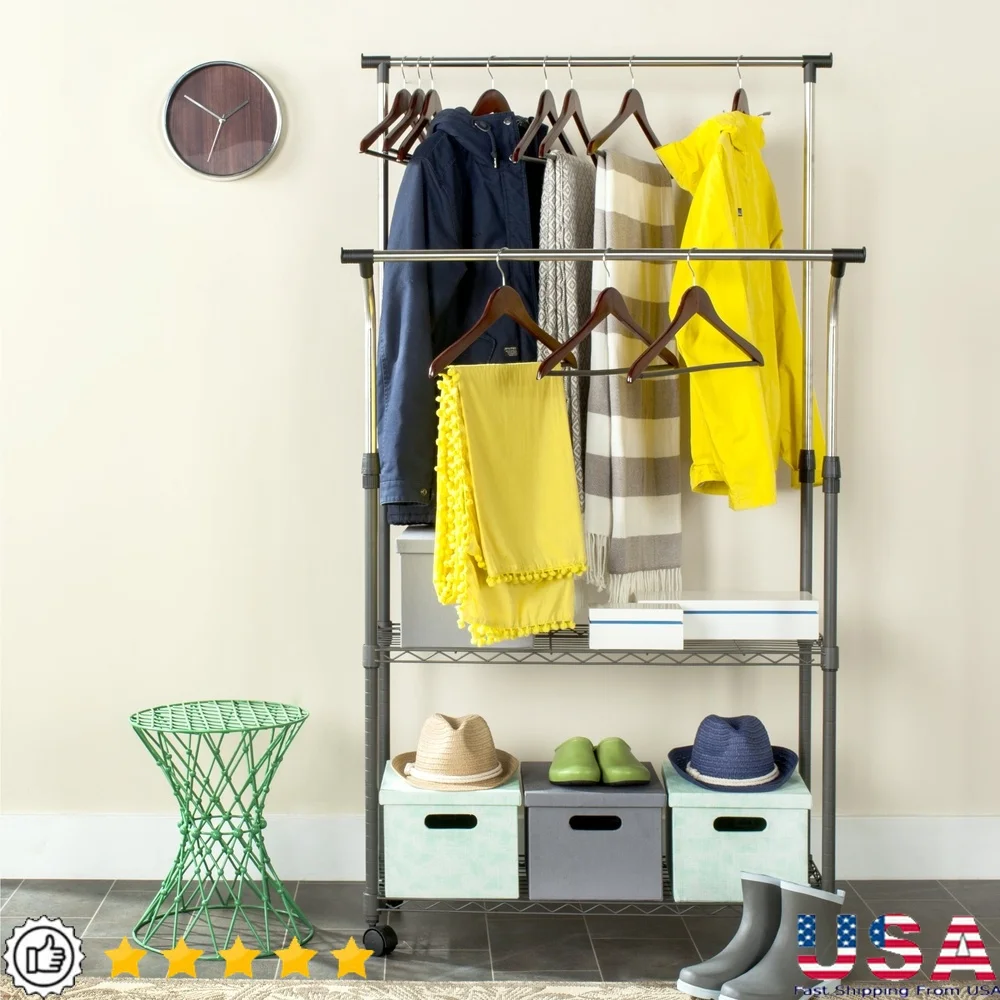 

Portable Double Rod Clothes Rack with Casters Chrome Frame Adjustable Height Storage Shelves Home Organization