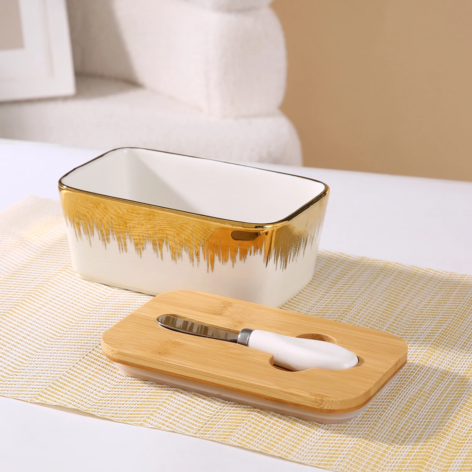 gold edged Ceramic Butter Dish With Bamboo Lid And Knife, LargeButter Keeper Container For Counter, Airtight Butter HolderWith