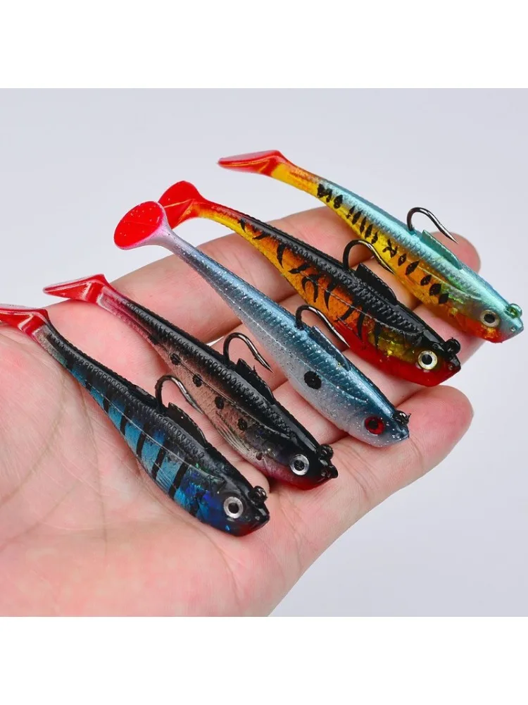 1/5 Stück Künstlicher Weichköder mit Jigkopf 3,6g 9,5g 24,6g Jigging-Weichköder Gummi-T-Schwanz Angelköder Schwimmköder für Barsch und Hecht