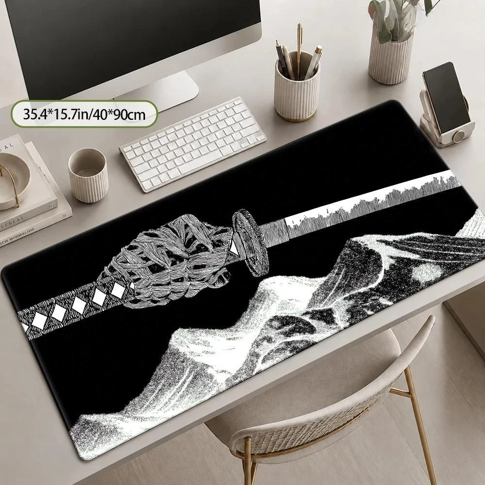 A two-dimensional black-and-white martial arts sword stretches across mountainous area of the mouse pad office desk accessories