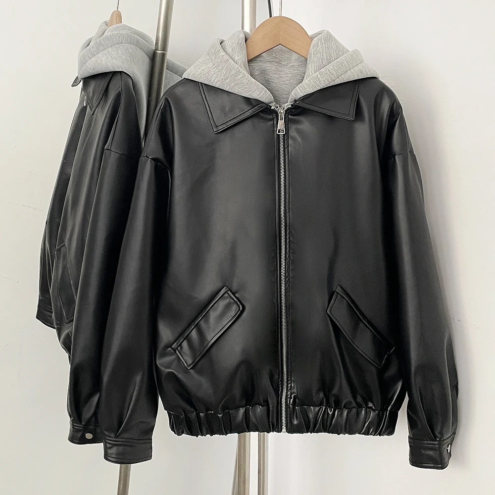 

Hooded Artificial Leather Jacket Faux Leather Clothes Lady Woman 2026 New Collection Korean Popular Coat Women's Leather Jacket