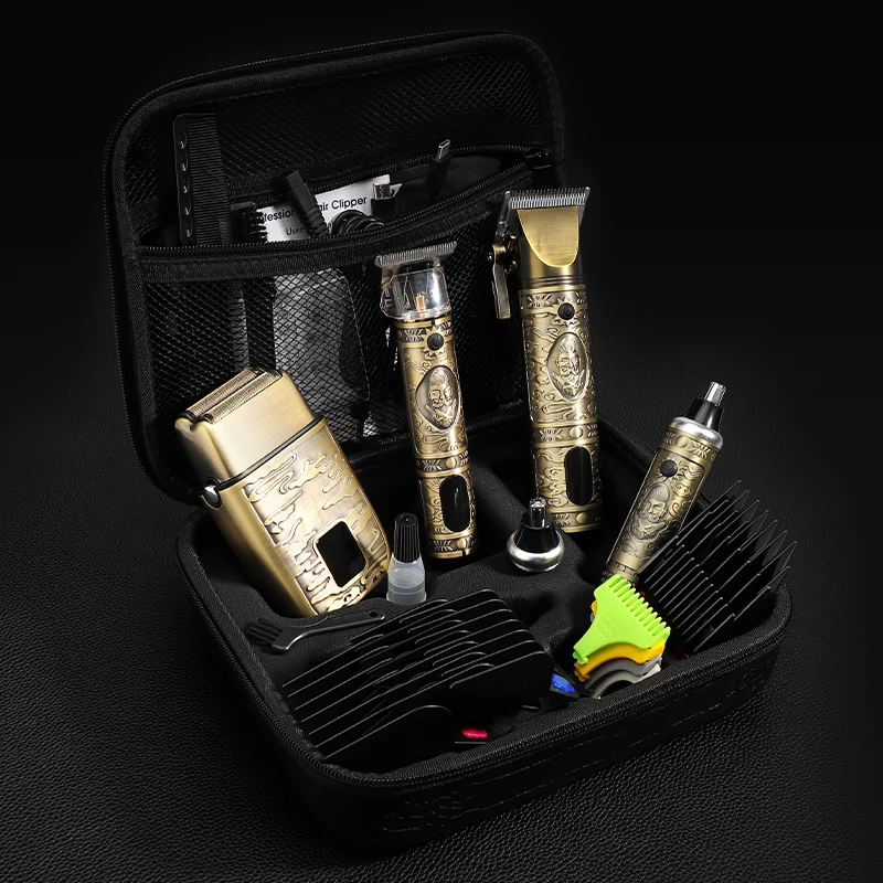 4-in-1 Trimmer Set for Men's Retro Beard Haircutting, Pushing Shaver, Full Metal Body