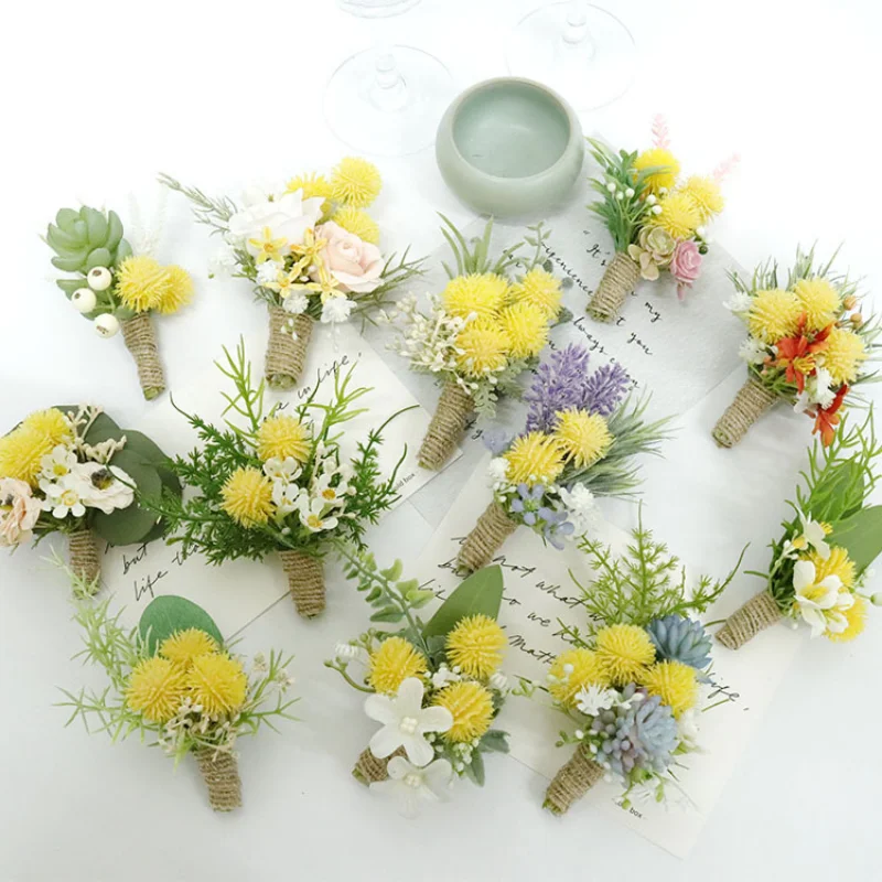 Yellow Artifical Flowers Boutonnieres Bridesmaid Men Witness Marriage Wedding Accessories