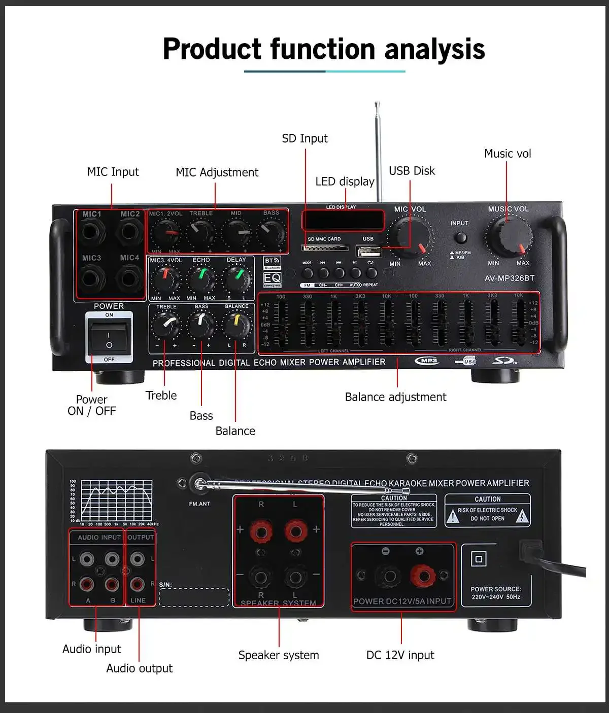 2000W 5.0 bluetooth 2 Channel Audio Power HiFi Amplifier 326BT 12V/220V AV Amp Speaker with Remote Control 4 Micro for Car Home