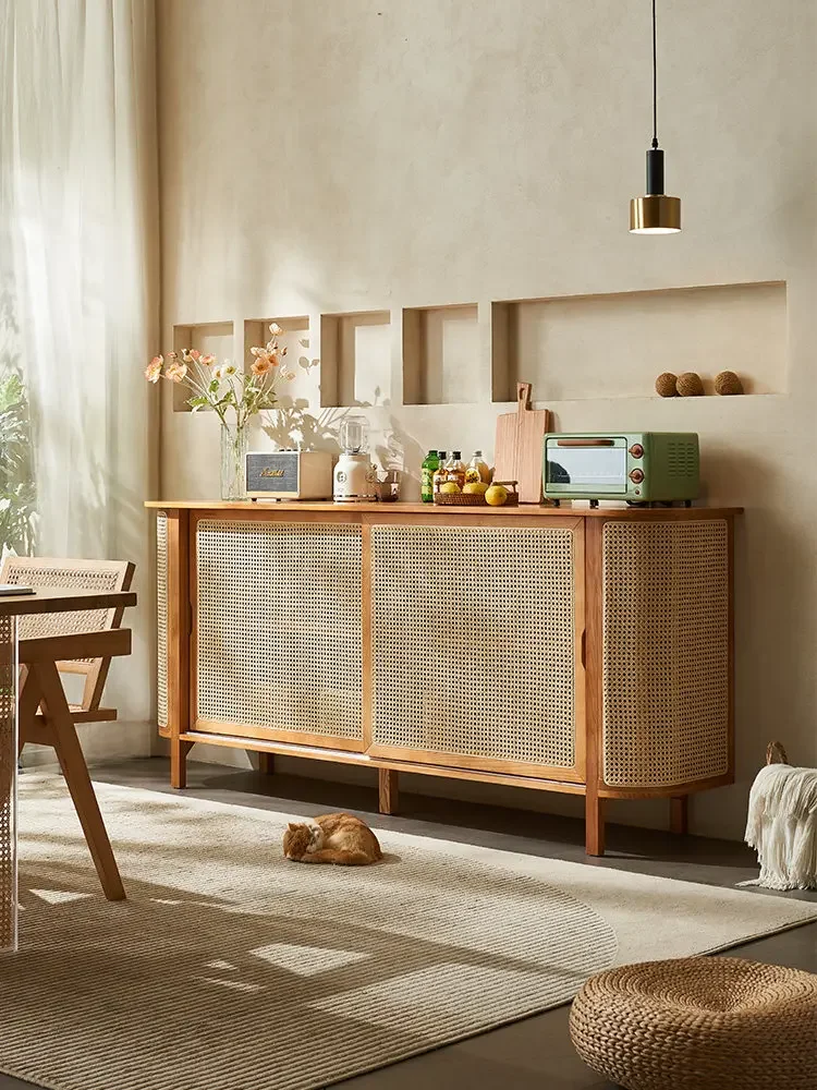 Nordic living room wall solid wood locker, living room household ash wood rattan multi-functional storage side cabinet