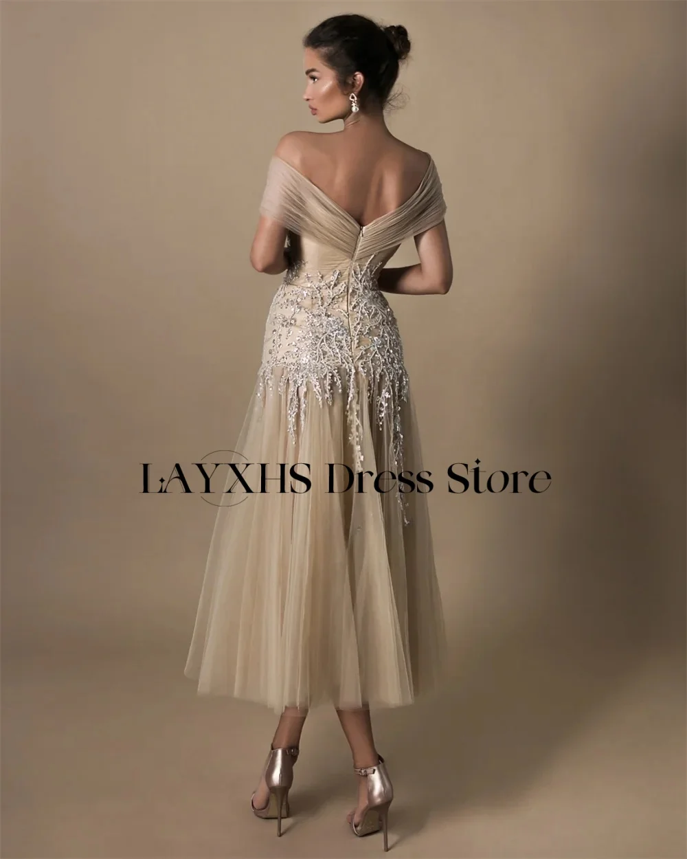 Layxhs requintado fora do ombro vestidos de noite a linha lantejoulas apliques tule chá-comprimento vestidos de baile personalizado