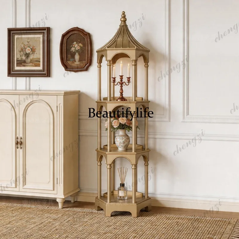 American retro champagne color pagoda-shaped three-layer decorative display rack, carving art storage rack