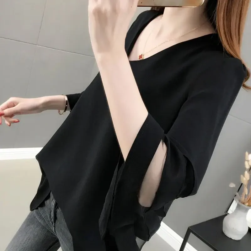 Oversized Temperament Elegant Hollow Out Loose Chiffon Shirt for Women\'s Summer Flared Sleeve Slimming Age Reduction T-shirt Top