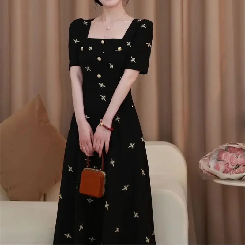 New Summer French Elegant Embroidery Dress Women Vintage Square Collar Puff Sleeve Buttons Slim Midi Party Dresses Vestidos Robe