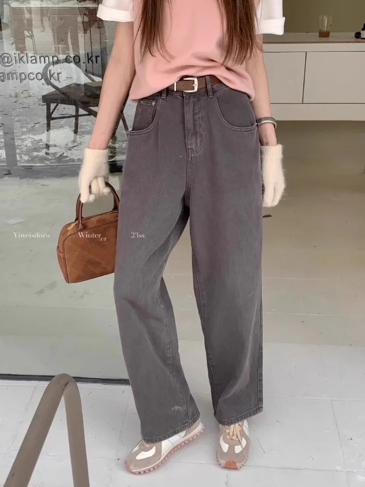 Vintage Washed Wide Leg Nine-point High Waist Jeans Women Autumn Winter Trousers 2024 New All-match Loose Straight Slim Pants