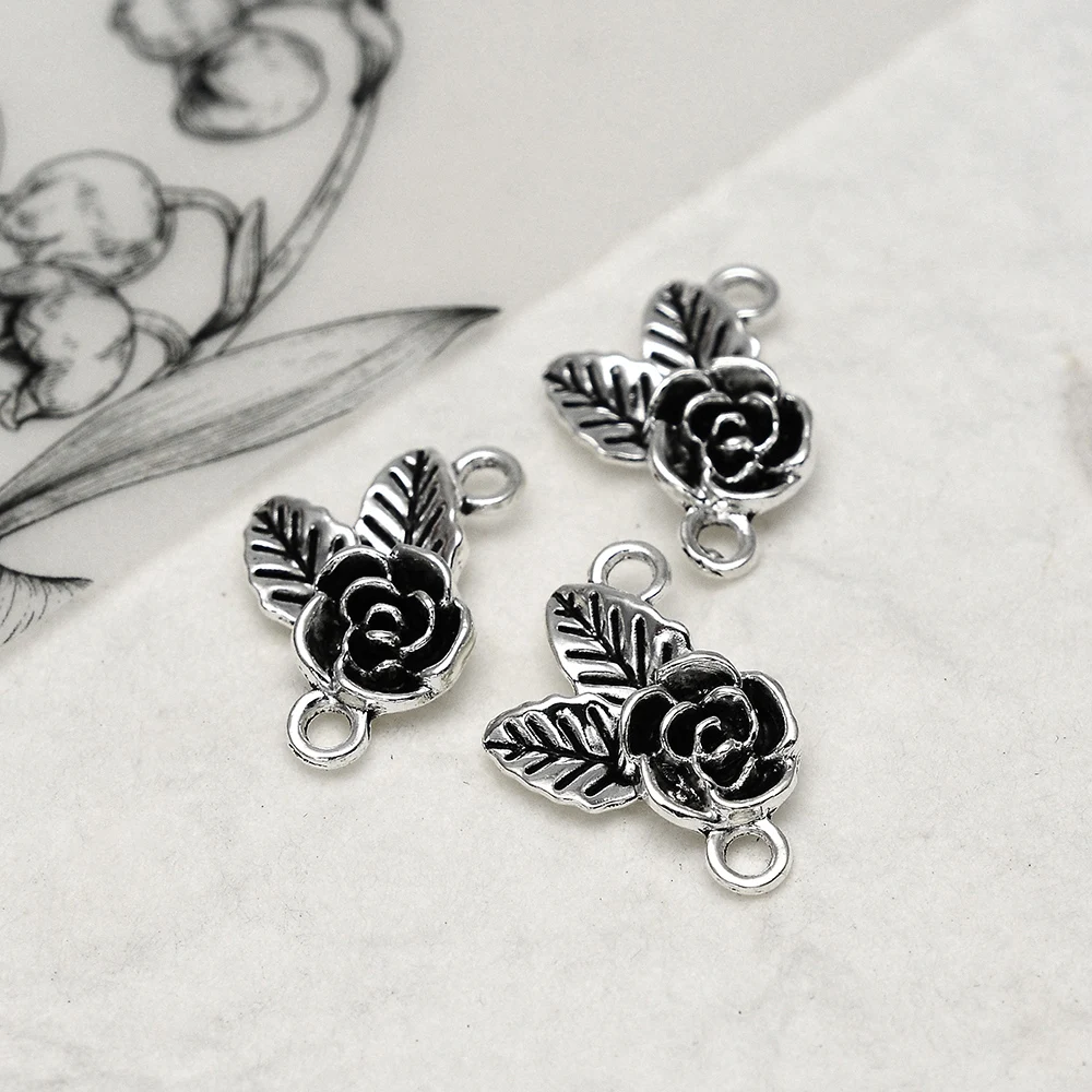 20 sztuk/partia 20x13mm Vintage Rose Flower Leaf Charms złącza wisiorki dla DIY bransoletki akcesoria do wyrobu biżuterii akcesoria