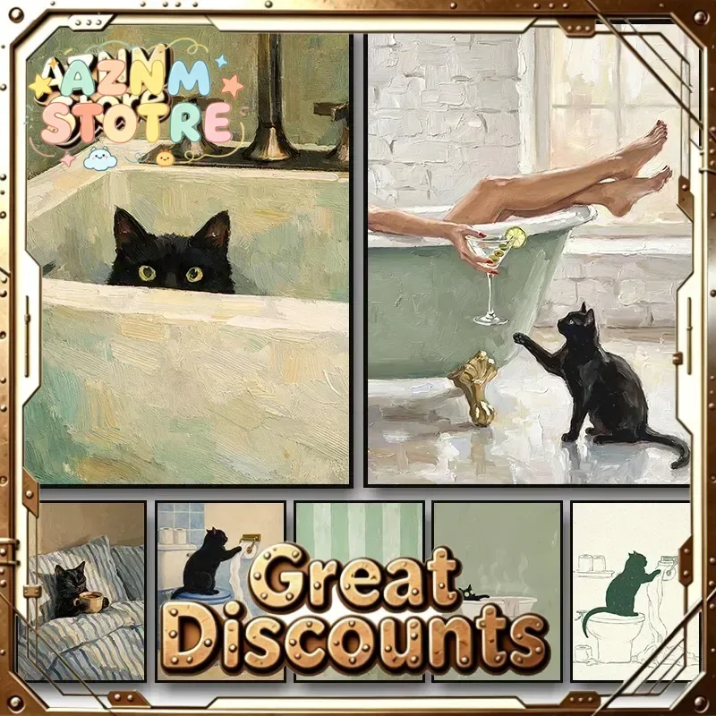 Retro Bathroom Black Cat Peeking Over Bathtub/Playing Rollpaper Poster Canvas Painting Wall Art Pictures Home Toilet Decor