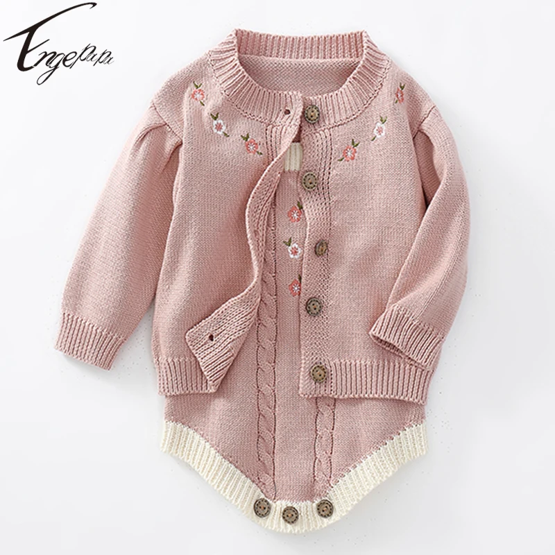 Engepapa Knitted Baby Girls Clothes Suit Embroidered Jacket+Sleeveless Rompers Set Baby Girls Spring Autumn Knitting Clothes