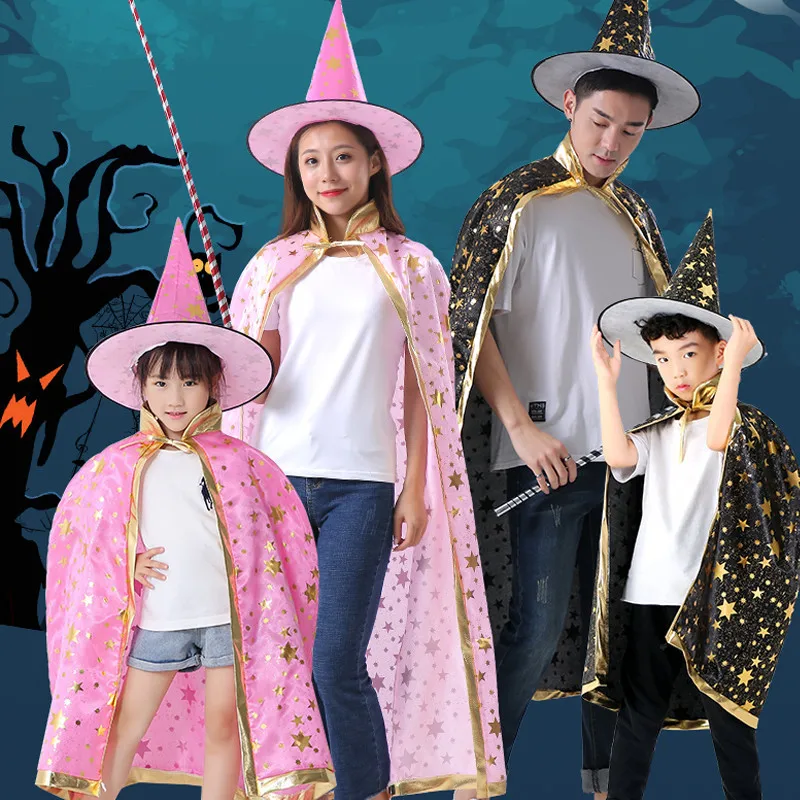 Halloween Cosplay Costumes Magician Party Performs Dressing Up Adult Kids Five Star Cloak and Hat Boys Girls Clothes Accessories